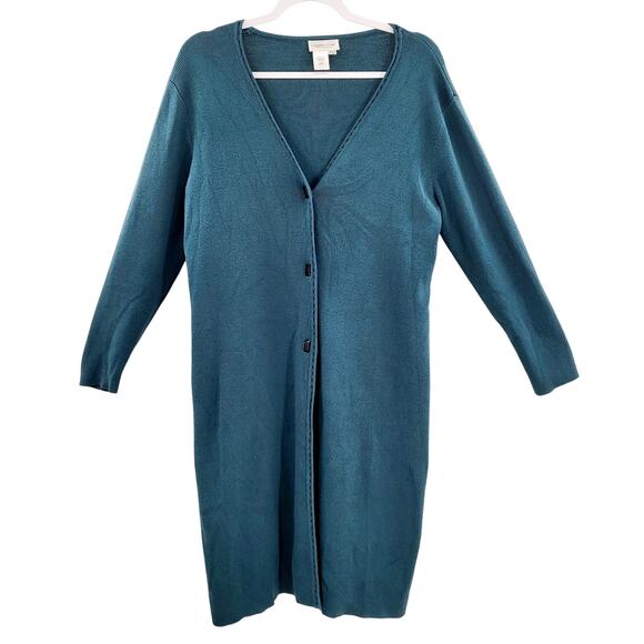 Vintage Coldwater Creek Teal Button-Up Knit Duster Cardigan Womens Size Petite M - Picture 1 of 6
